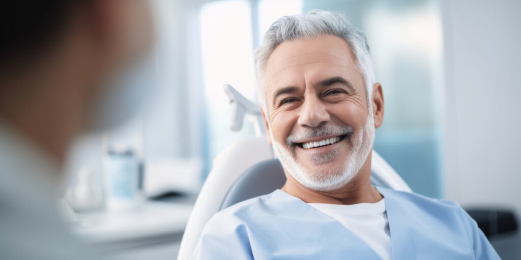 An older man smiling in a dentist chair.