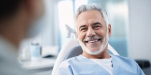 An older man smiling in a dentist chair.