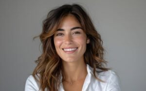 Attractive female restorative dentistry patient in Addison, TX shows off new perfect smile.